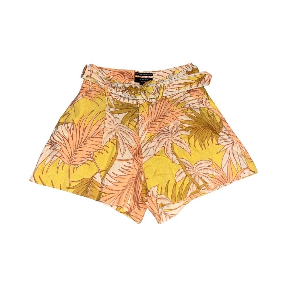 Tahari Tropical Yellow and Peach 100% Linen Belted Shorts